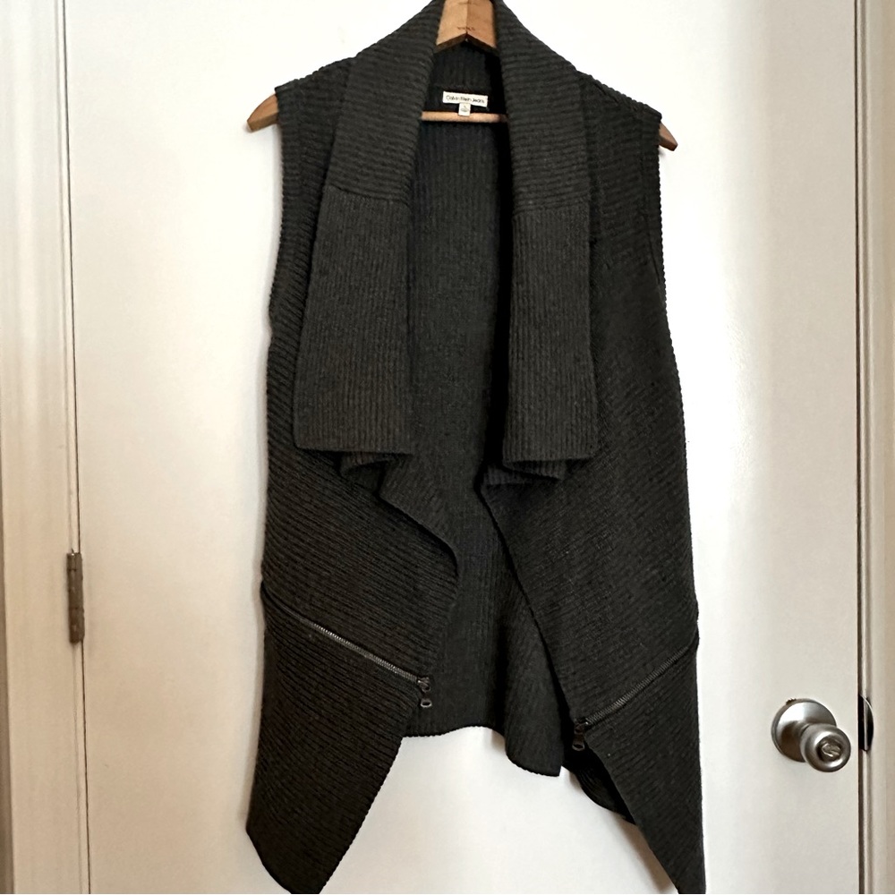Calvin Klein Gray Knit Sleeveless Waterfall Front Cardigan Zipper Detail Cotton